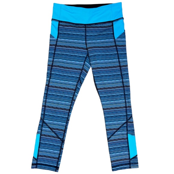 Lululemon Athletica Leggings Womens 4 Black Aqua Blue Striped Pace Rival - Picture 1 of 7